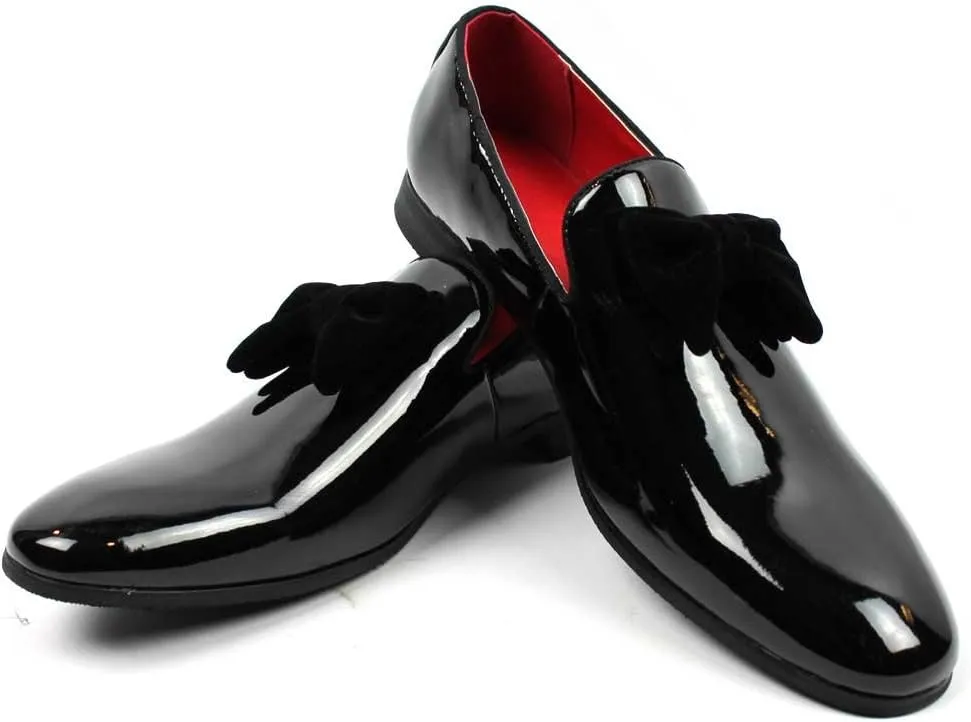 AZAR Tuxedo Slip Men's Dress Shoes Velvet Satin Bow On Top
