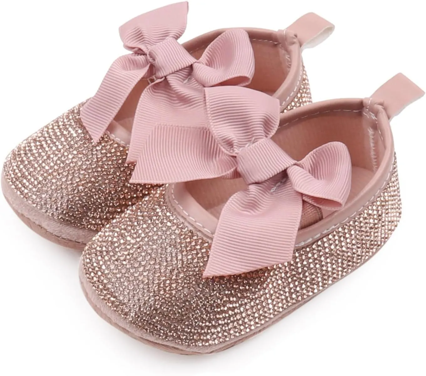 Baby Girls Mary Jane Flats Sparkly Bow Diamonds Princess Dress Shoes Anti-Slip Infant Crib Shoes