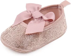 Baby Girls Mary Jane Flats Sparkly Bow Diamonds Princess Dress Shoes Anti-Slip Infant Crib Shoes