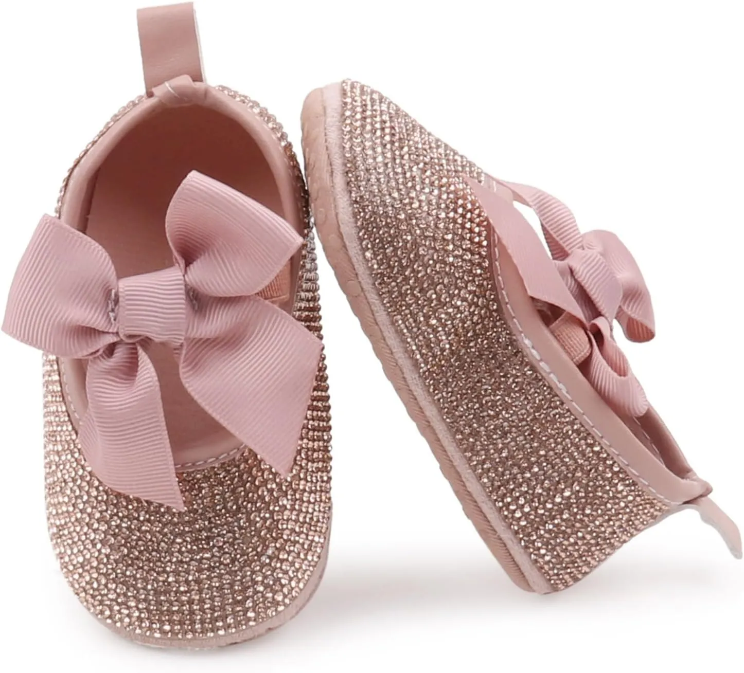 Baby Girls Mary Jane Flats Sparkly Bow Diamonds Princess Dress Shoes Anti-Slip Infant Crib Shoes