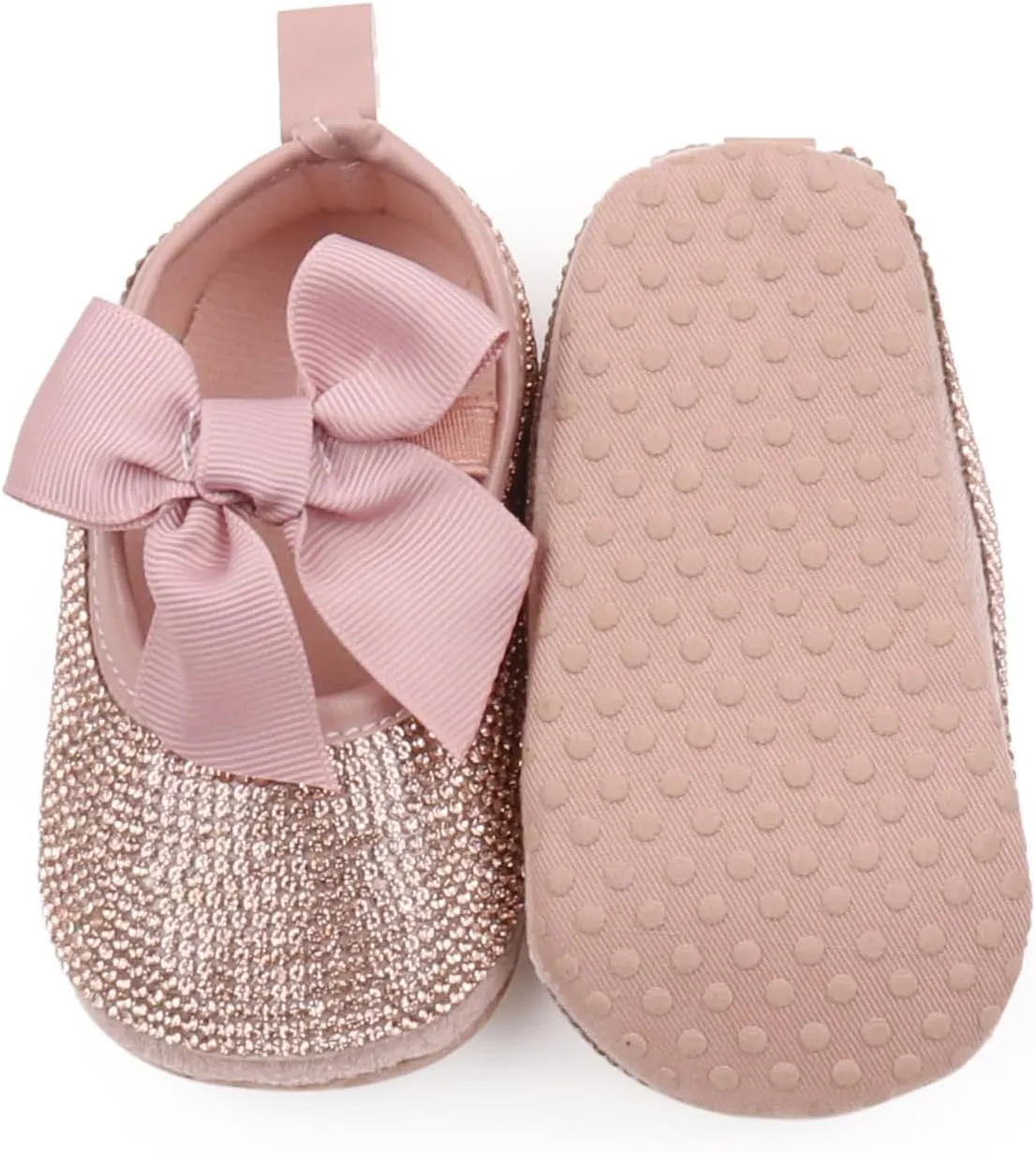 Baby Girls Mary Jane Flats Sparkly Bow Diamonds Princess Dress Shoes Anti-Slip Infant Crib Shoes