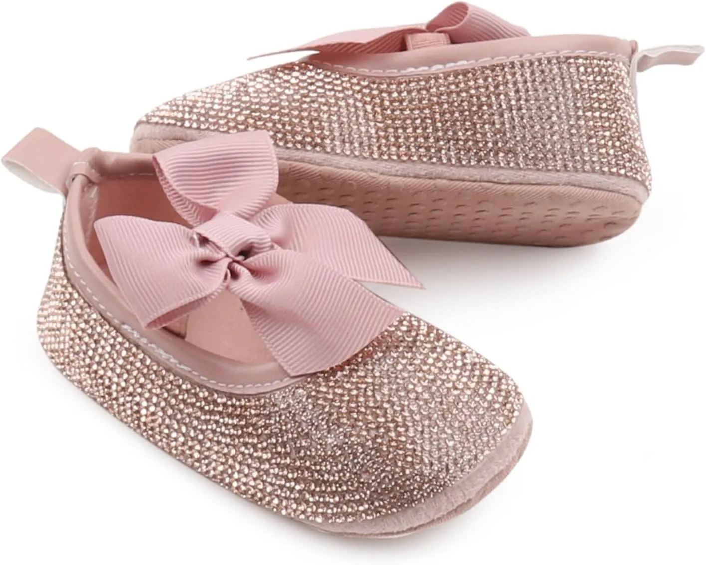 Baby Girls Mary Jane Flats Sparkly Bow Diamonds Princess Dress Shoes Anti-Slip Infant Crib Shoes