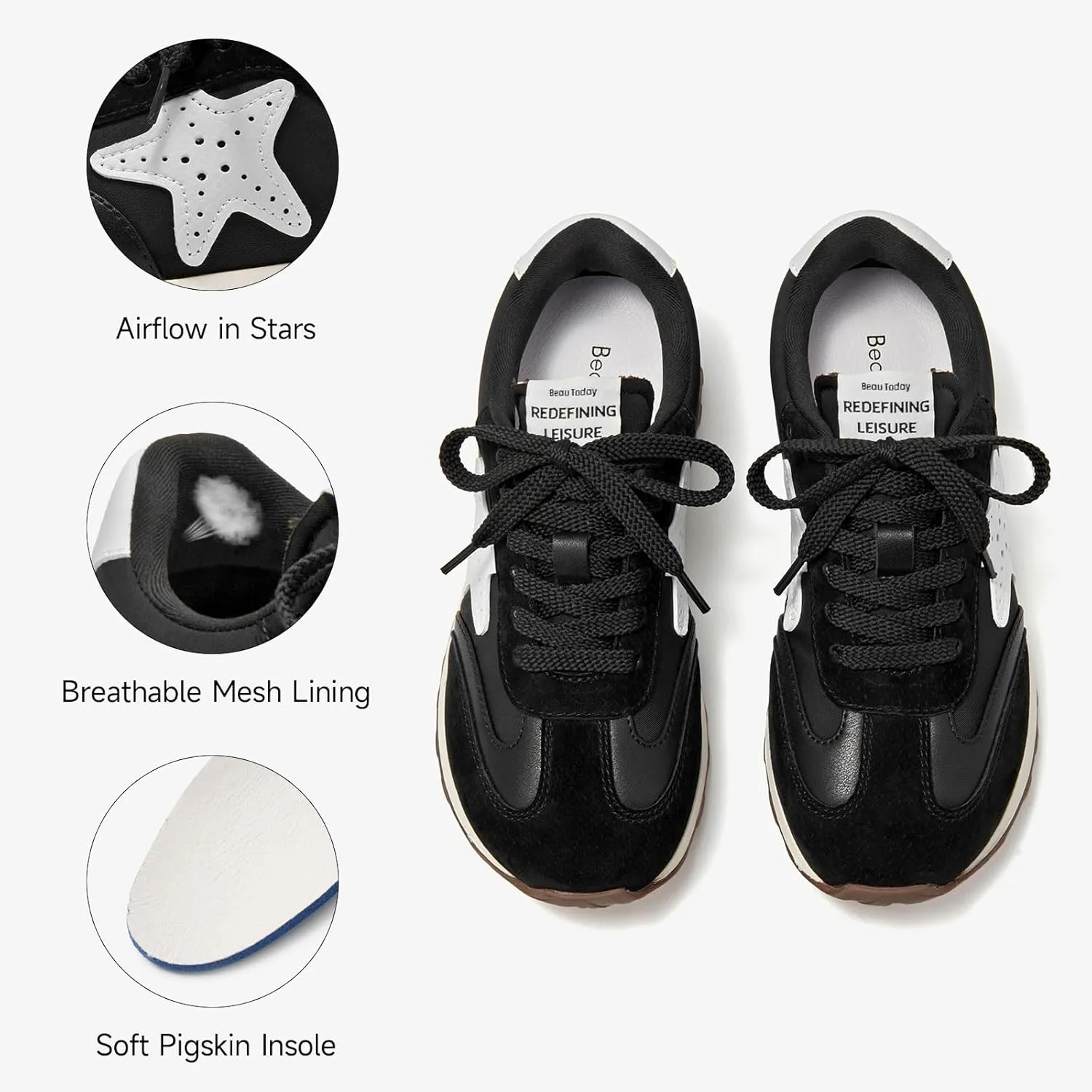 BEAU TODAY Women’s Flat Sneakers, Retro Comfortable Lace-up Fashion Sneakers for Women, Buckle Decoration Casual Leather Walking Shoes