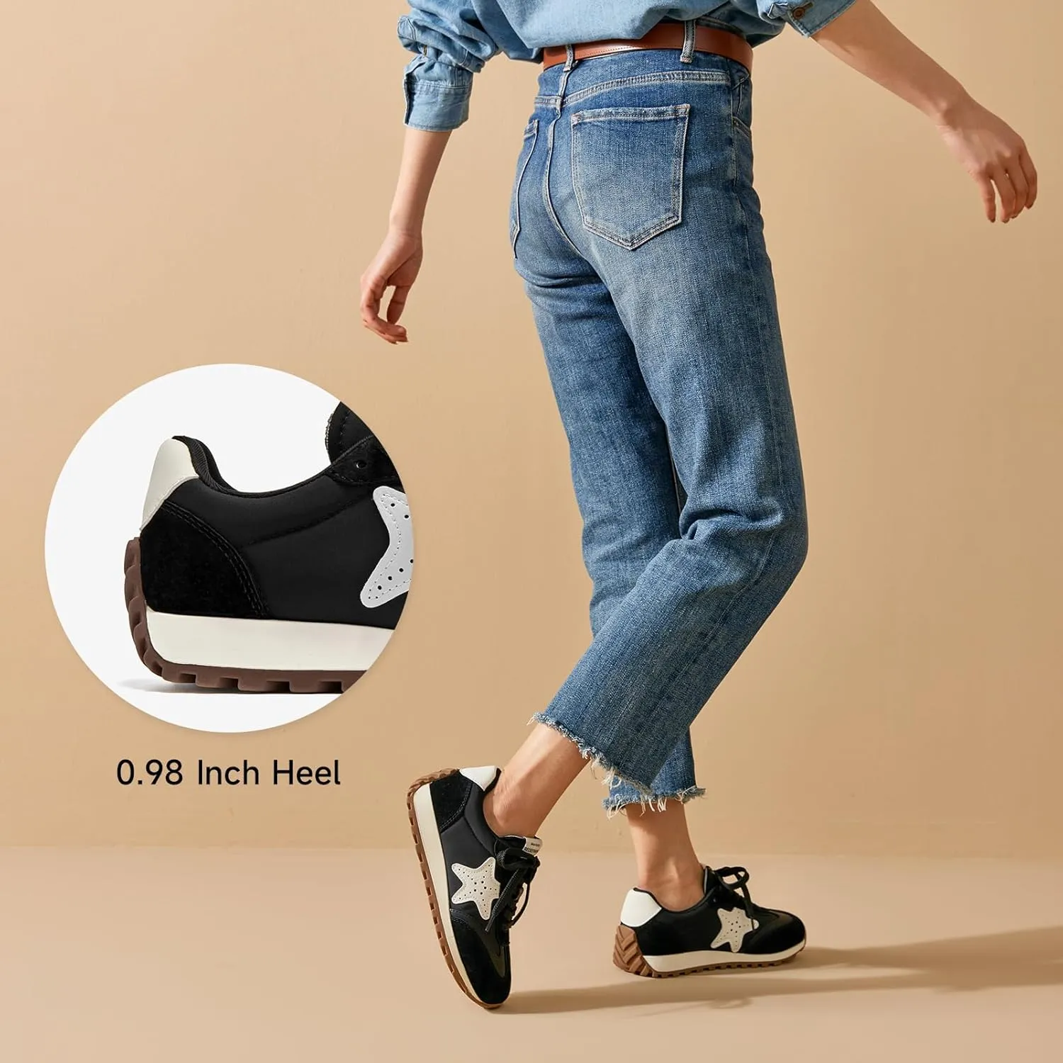 BEAU TODAY Women’s Flat Sneakers, Retro Comfortable Lace-up Fashion Sneakers for Women, Buckle Decoration Casual Leather Walking Shoes