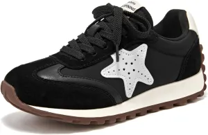BEAU TODAY Women’s Flat Sneakers, Retro Comfortable Lace-up Fashion Sneakers for Women, Buckle Decoration Casual Leather Walking Shoes