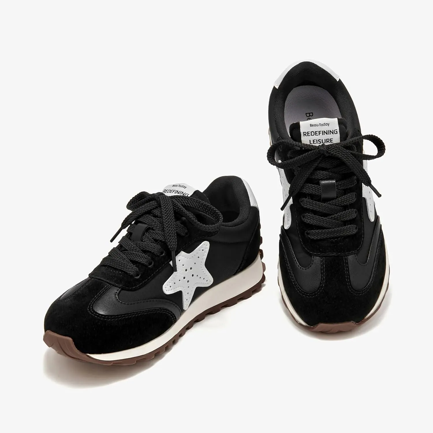 BEAU TODAY Women’s Flat Sneakers, Retro Comfortable Lace-up Fashion Sneakers for Women, Buckle Decoration Casual Leather Walking Shoes