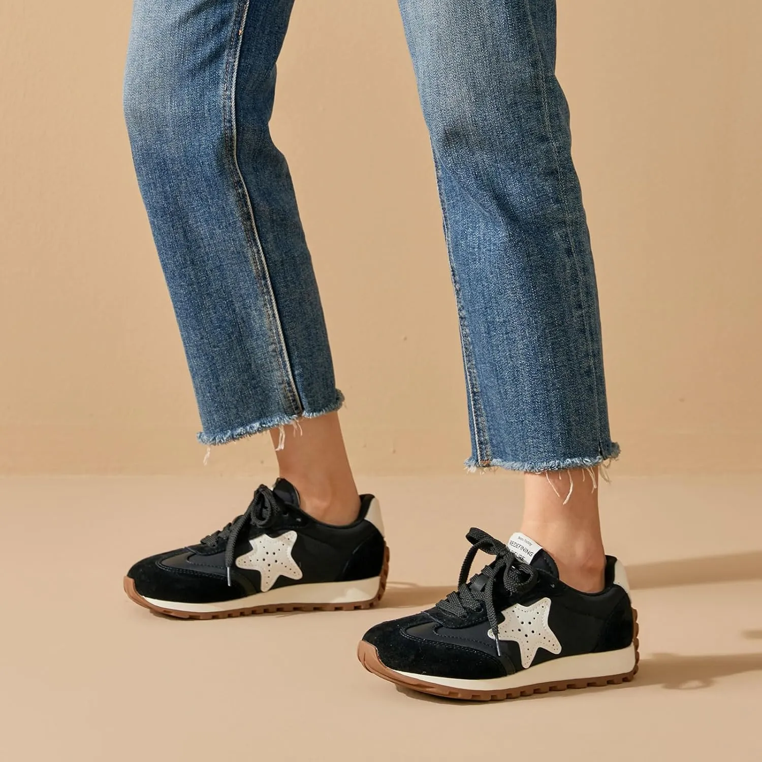 BEAU TODAY Women’s Flat Sneakers, Retro Comfortable Lace-up Fashion Sneakers for Women, Buckle Decoration Casual Leather Walking Shoes
