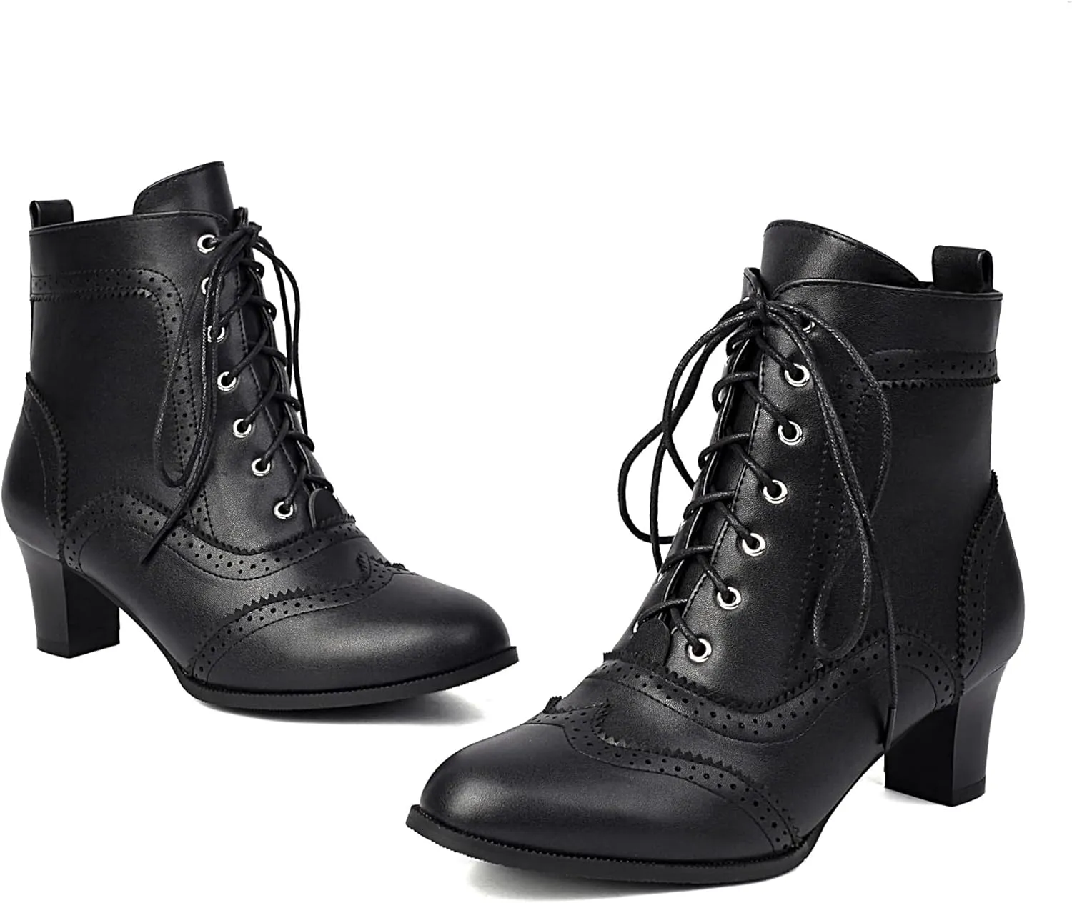 BEAUPAS Women's Vintage Brogue Ankle Boots Lace-up Block Heel Wingtip Victorian Combat Boots