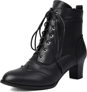 BEAUPAS Women's Vintage Brogue Ankle Boots Lace-up Block Heel Wingtip Victorian Combat Boots
