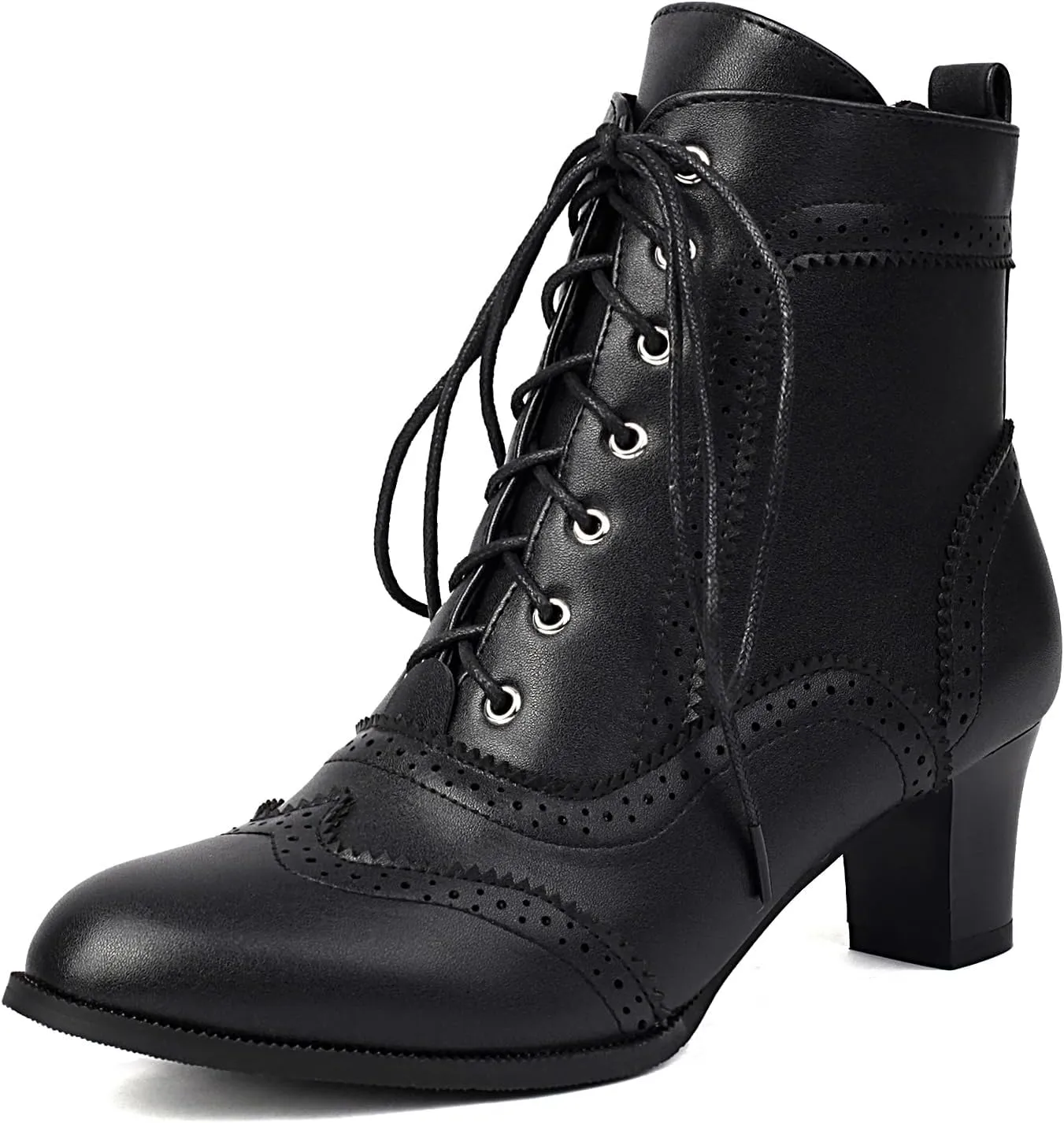 BEAUPAS Women's Vintage Brogue Ankle Boots Lace-up Block Heel Wingtip Victorian Combat Boots