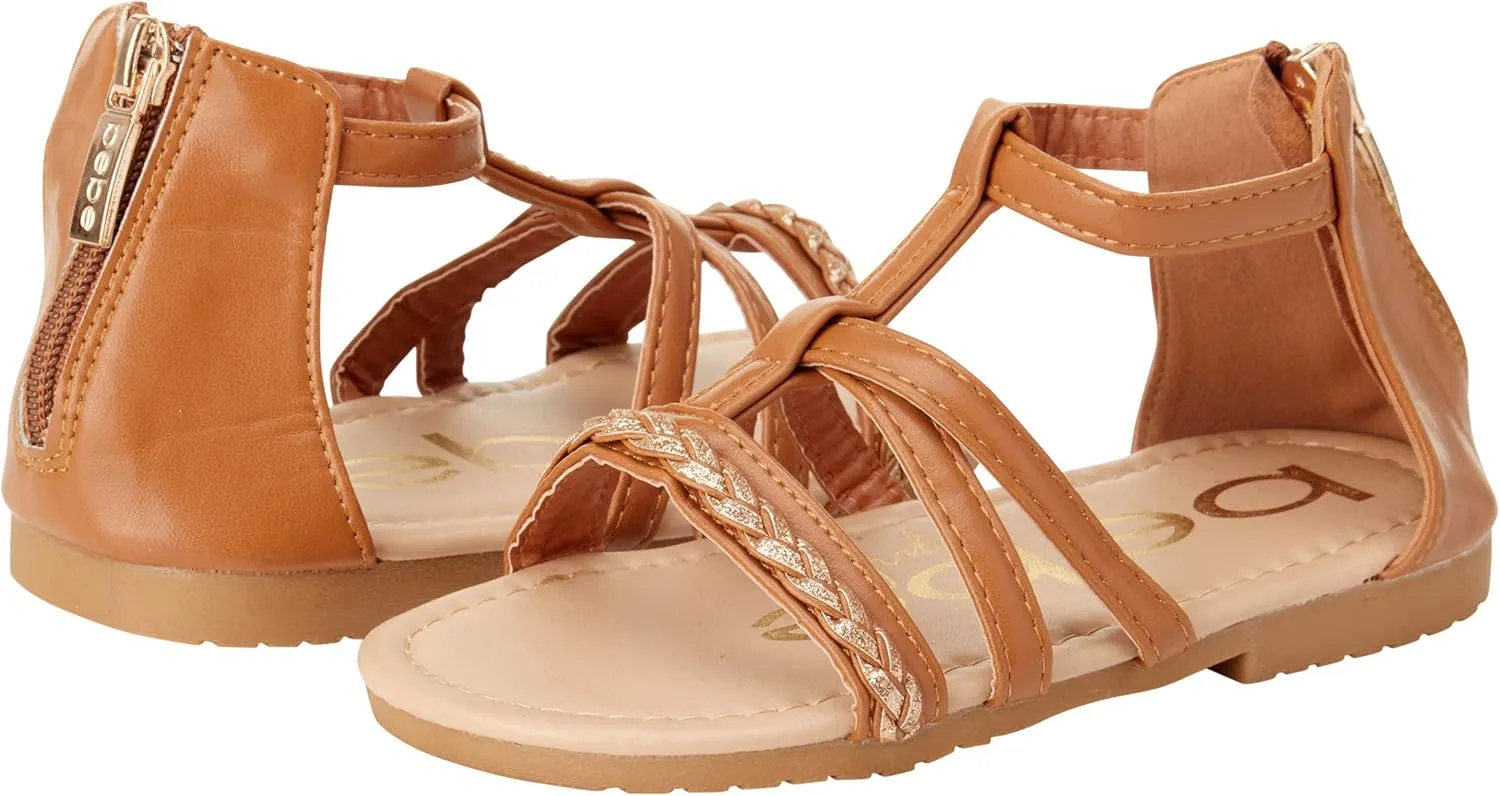 bebe Girls' Sandals – Strappy Leatherette Gladiator Sandals with Glitter Braid (Toddler)
