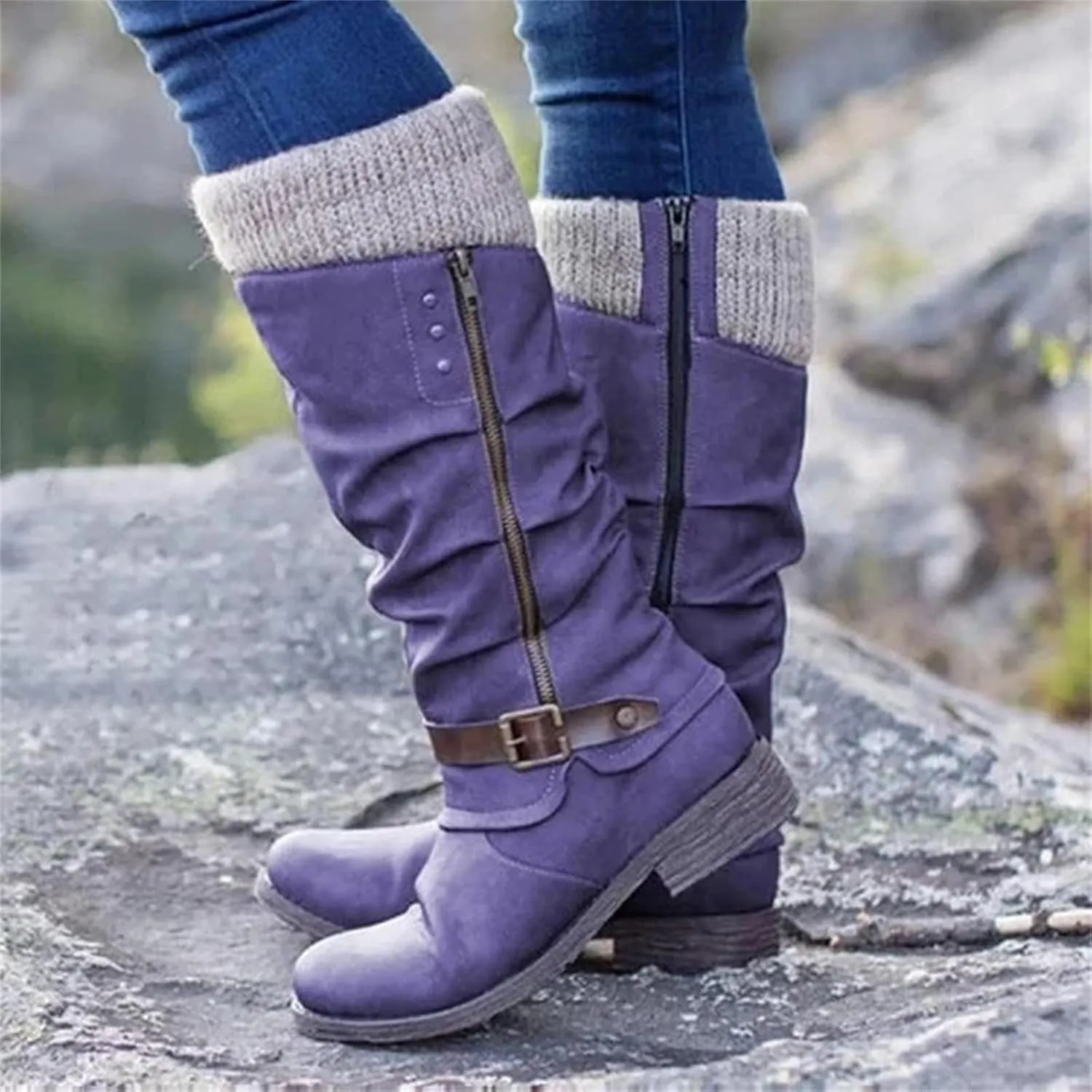 Boots For Women Wide Calf Winter Mid Calf Military Combat Boots Side Zipper Low Heel Biker Motorcycle Riding Dress Boots