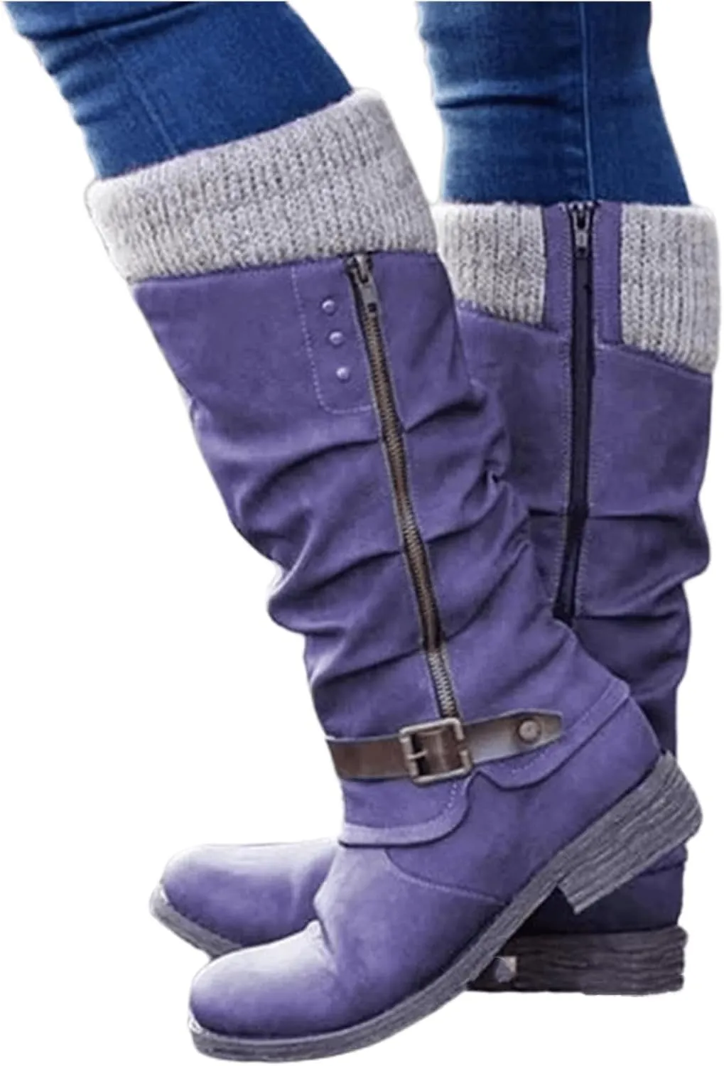 Boots For Women Wide Calf Winter Mid Calf Military Combat Boots Side Zipper Low Heel Biker Motorcycle Riding Dress Boots