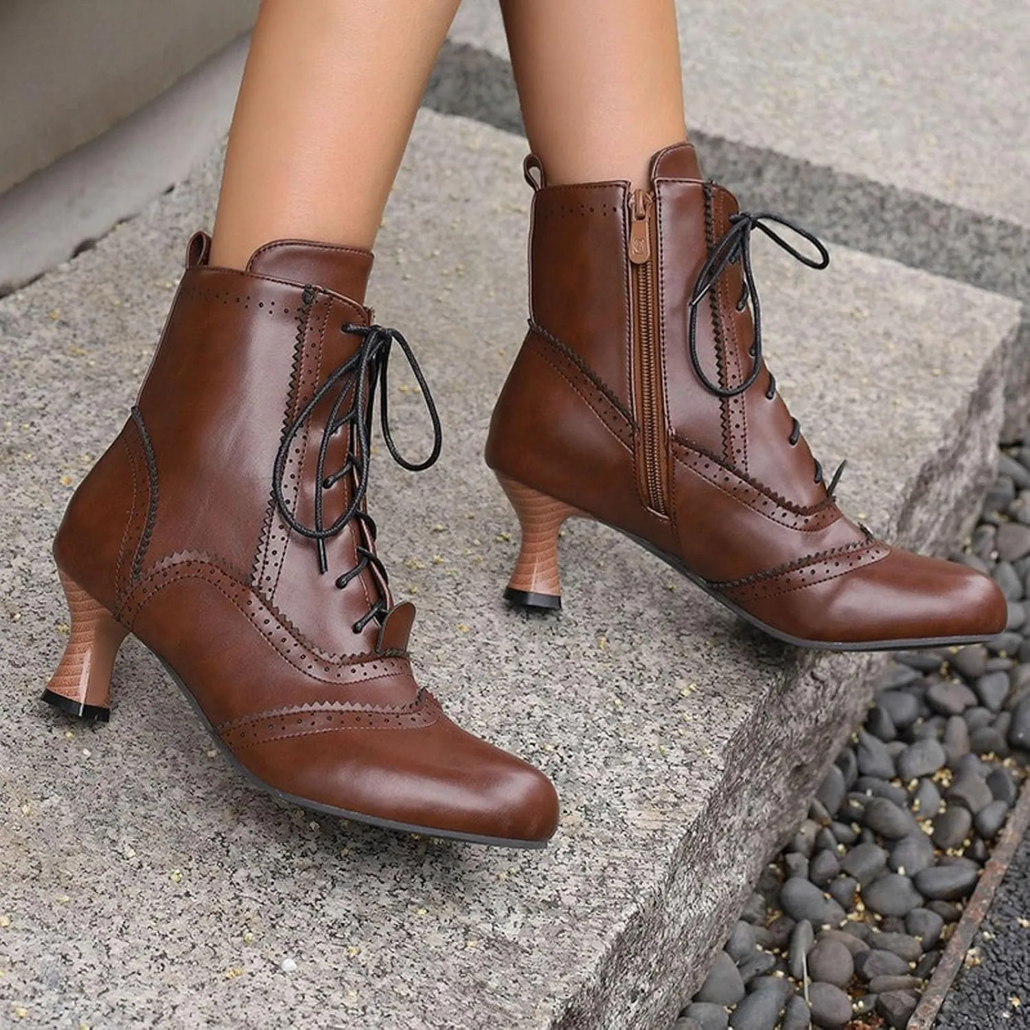 Boots for Women Wide Calf,Vintage Lace Up Victorian Boots Western Kitten Heel Ankle Boots with Zip Party Dance Shoes