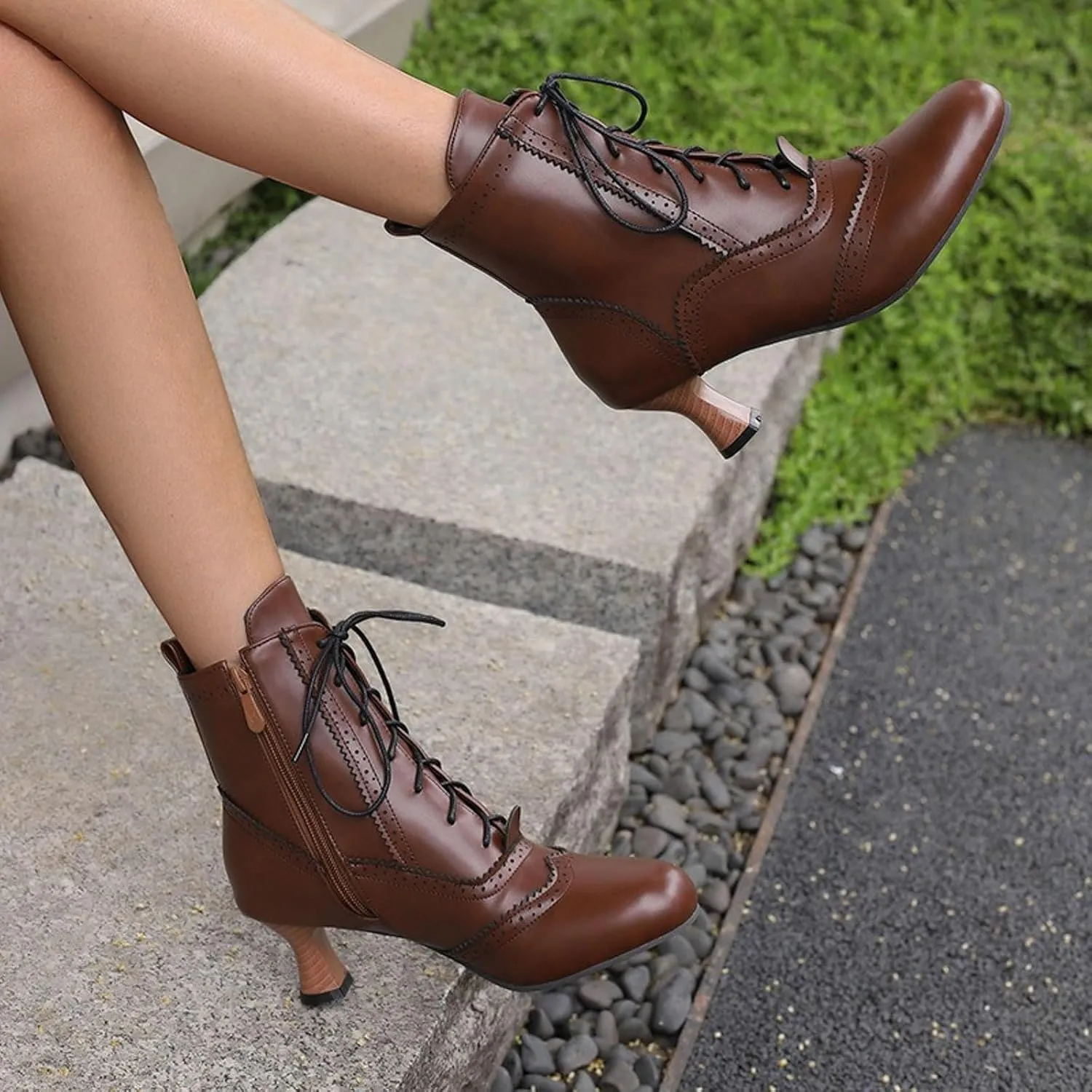 Boots for Women Wide Calf,Vintage Lace Up Victorian Boots Western Kitten Heel Ankle Boots with Zip Party Dance Shoes