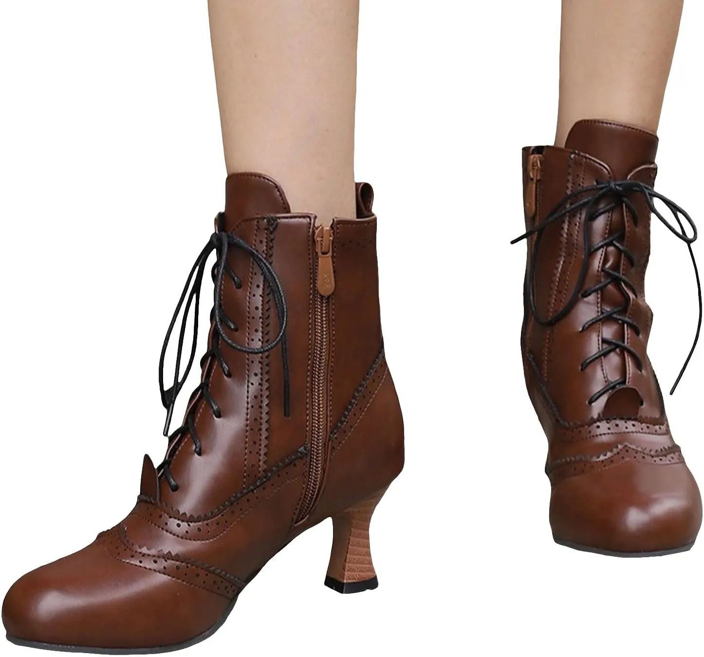 Boots for Women Wide Calf,Vintage Lace Up Victorian Boots Western Kitten Heel Ankle Boots with Zip Party Dance Shoes