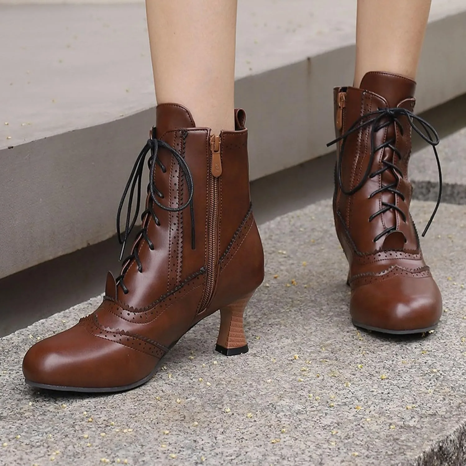 Boots for Women Wide Calf,Vintage Lace Up Victorian Boots Western Kitten Heel Ankle Boots with Zip Party Dance Shoes