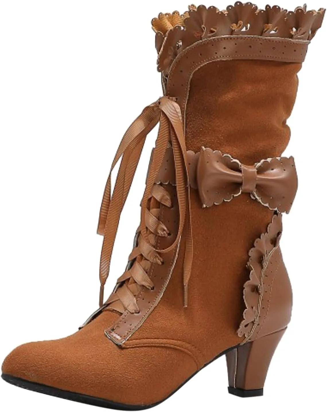Boots for Women, Women Mid Heels Sweet Bow Boots Faux Suede Lace Up Victorian Inspired Boots Mid Calf Kawaii Boot