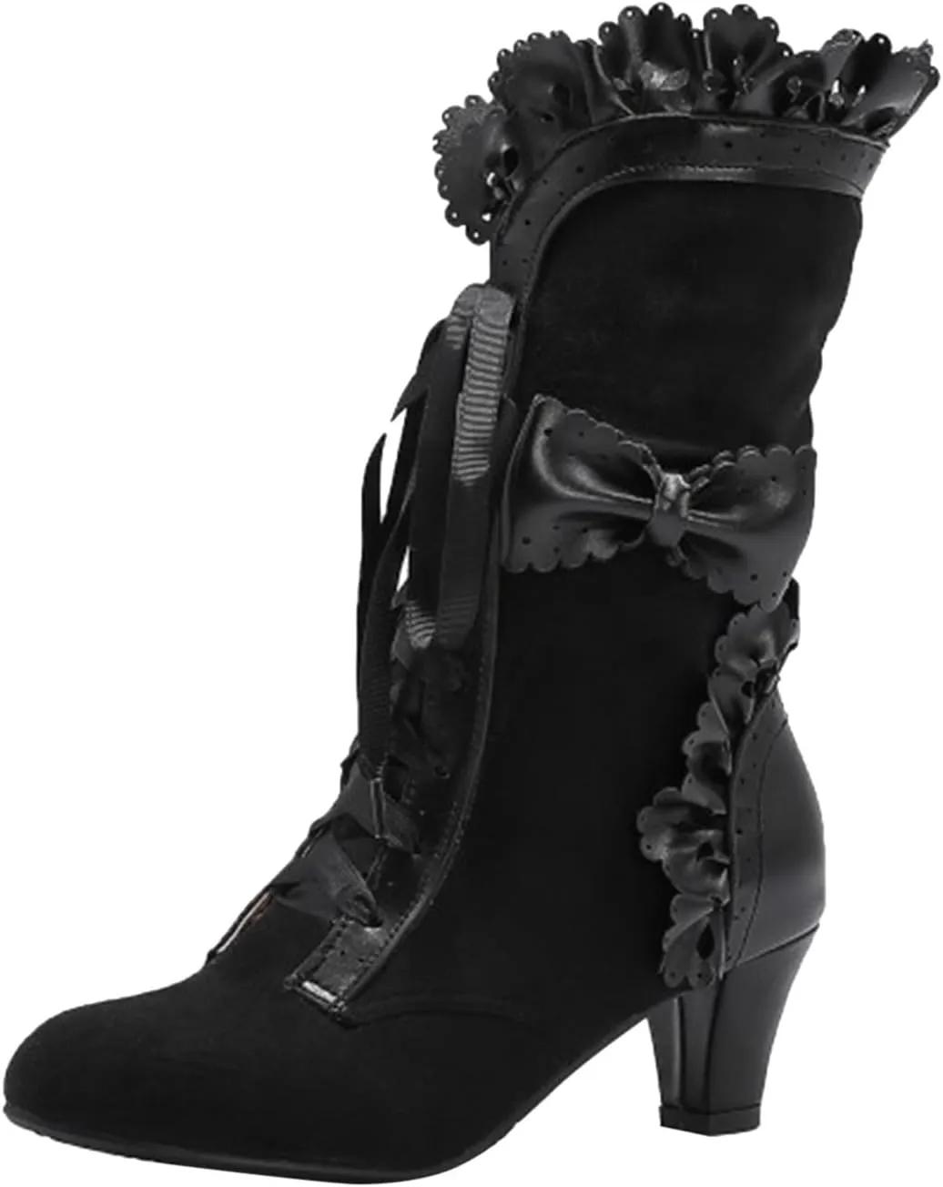 Boots for Women, Women Mid Heels Sweet Bow Boots Faux Suede Lace Up Victorian Inspired Boots Mid Calf Kawaii Boot