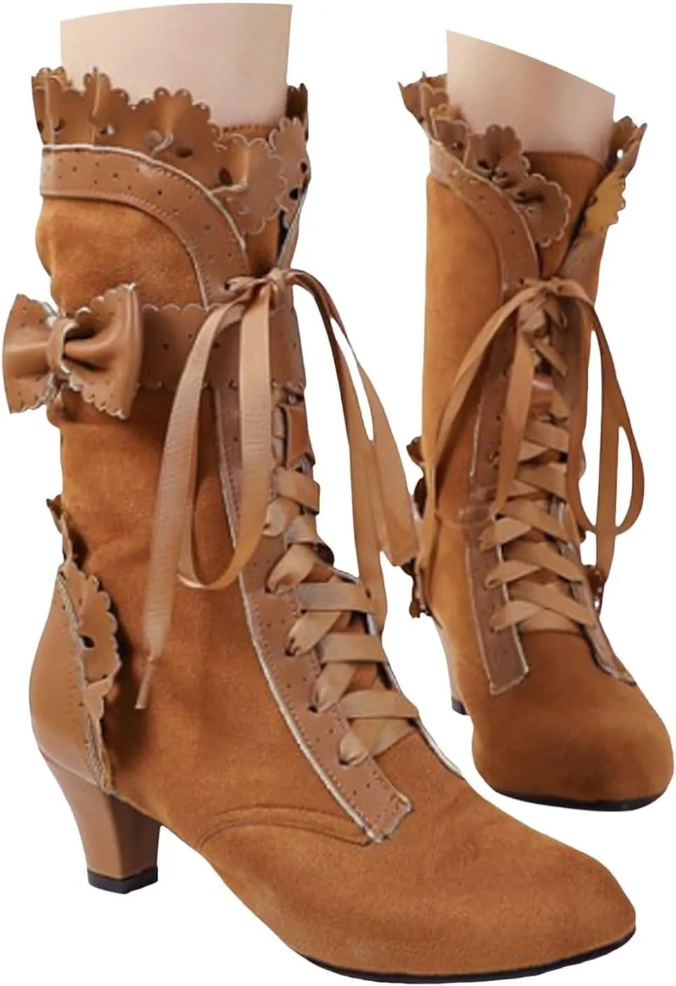 Boots for Women, Women Mid Heels Sweet Bow Boots Faux Suede Lace Up Victorian Inspired Boots Mid Calf Kawaii Boot