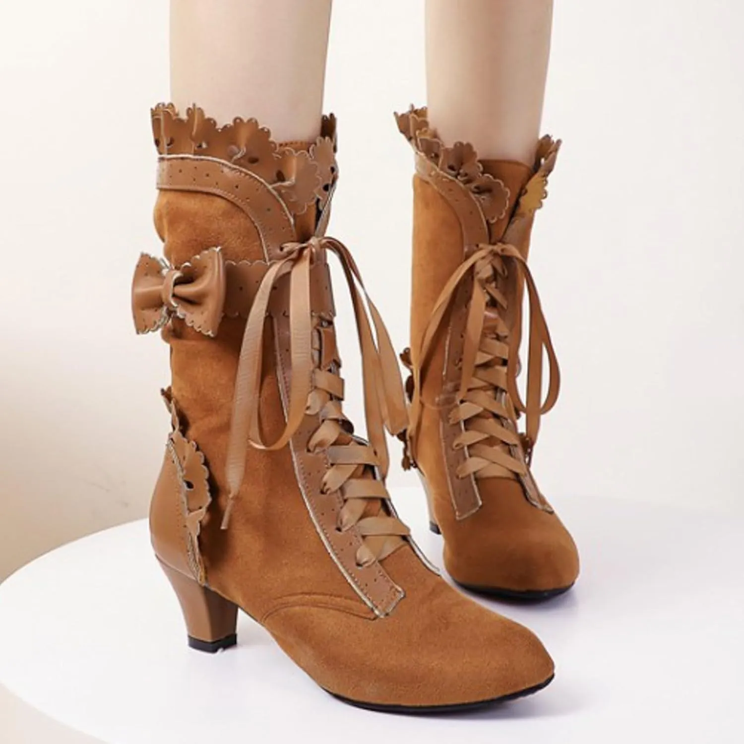 Boots for Women, Women Mid Heels Sweet Bow Boots Faux Suede Lace Up Victorian Inspired Boots Mid Calf Kawaii Boot