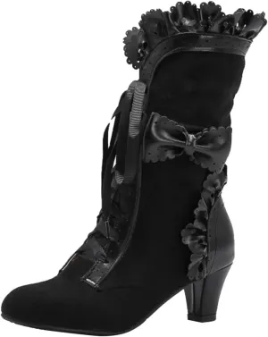 Boots for Women, Women Mid Heels Sweet Bow Boots Faux Suede Lace Up Victorian Inspired Boots Mid Calf Kawaii Boot