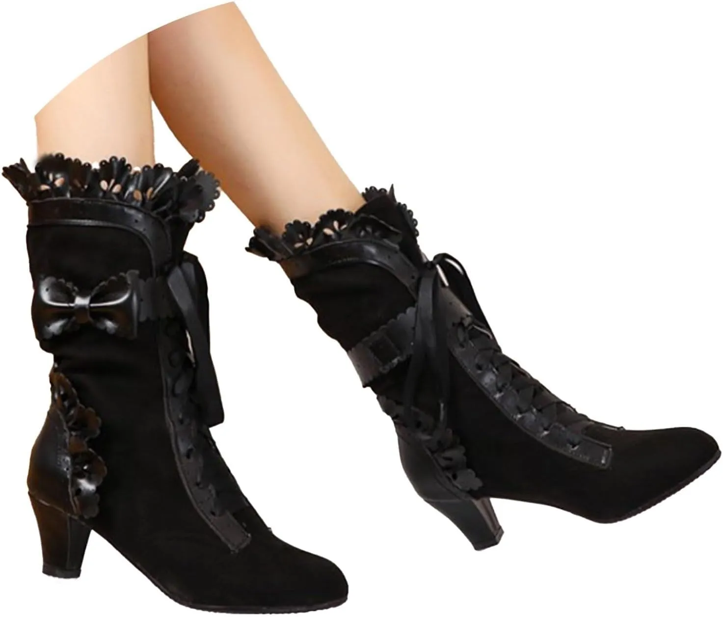 Boots for Women, Women Mid Heels Sweet Bow Boots Faux Suede Lace Up Victorian Inspired Boots Mid Calf Kawaii Boot