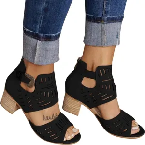 BORAMAX Ladies Ankle Buckle Sandals, Roman Sandals Casual Summer Hollow Open Toe High Chunky Heel Booties Black-10