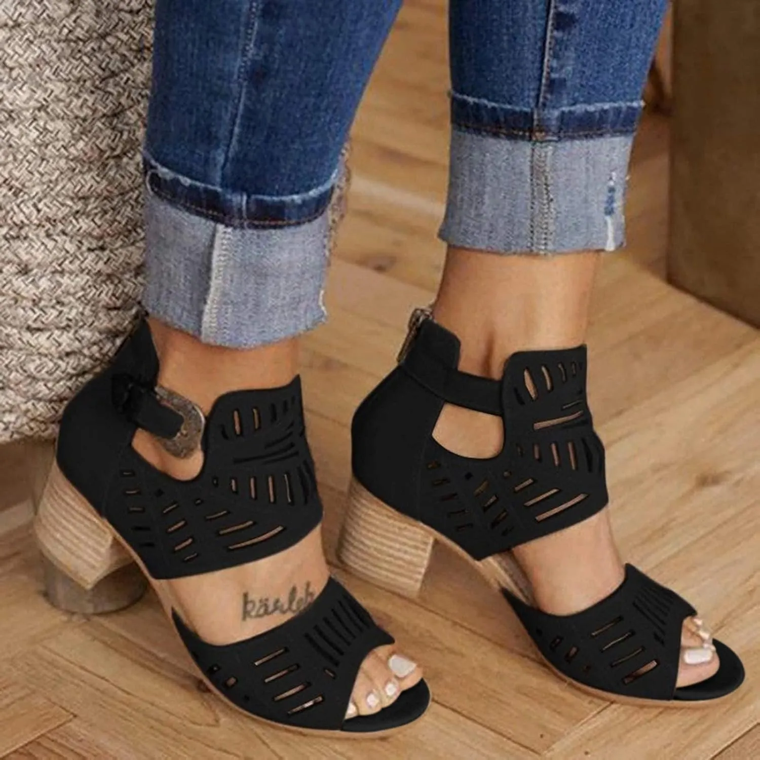 BORAMAX Ladies Ankle Buckle Sandals, Roman Sandals Casual Summer Hollow Open Toe High Chunky Heel Booties Black-10