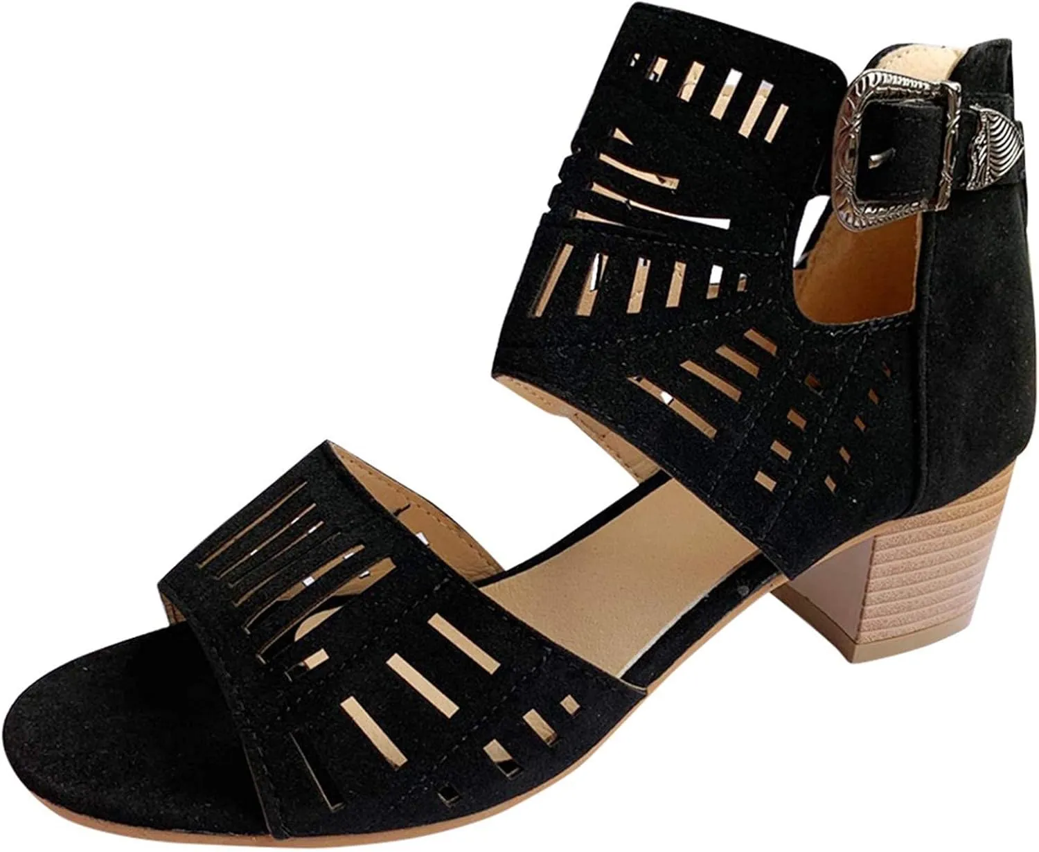 BORAMAX Ladies Ankle Buckle Sandals, Roman Sandals Casual Summer Hollow Open Toe High Chunky Heel Booties Black-10