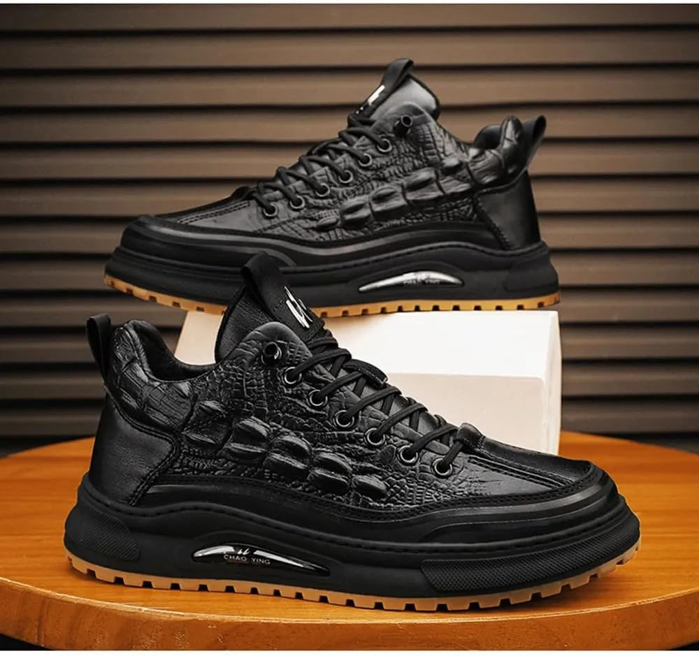 Boxpopla Men's Leather High-Top Casual Shoes Crocodile Pattern Fashion Sneakers Lightweight Waterproof Slip Sports Shoes