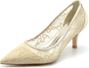 Bridal Wedding Shoes Lace Mesh Stiletto Heel Bridal Satinlow Heels Women Pointy Toe Pumps Evening Party Pumps Sandals 6Cm