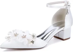 Bridal Wedding Shoes Women's Bridal Low Chunky Heels Pointed Toe Ankle Strap Party Wedding Dress Shoes 4.5Cm High Heels