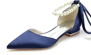 Bride Pointed Toe Flats Women Satin Pearls Wedding Flats Shoes Prom Evening Bridal Party Dress Flats 2.5Cm
