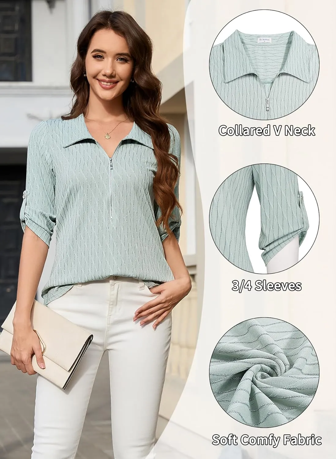 Bulotus Women's 3/4 Sleeve V-Neck Dressy Casual Tunic Shirt