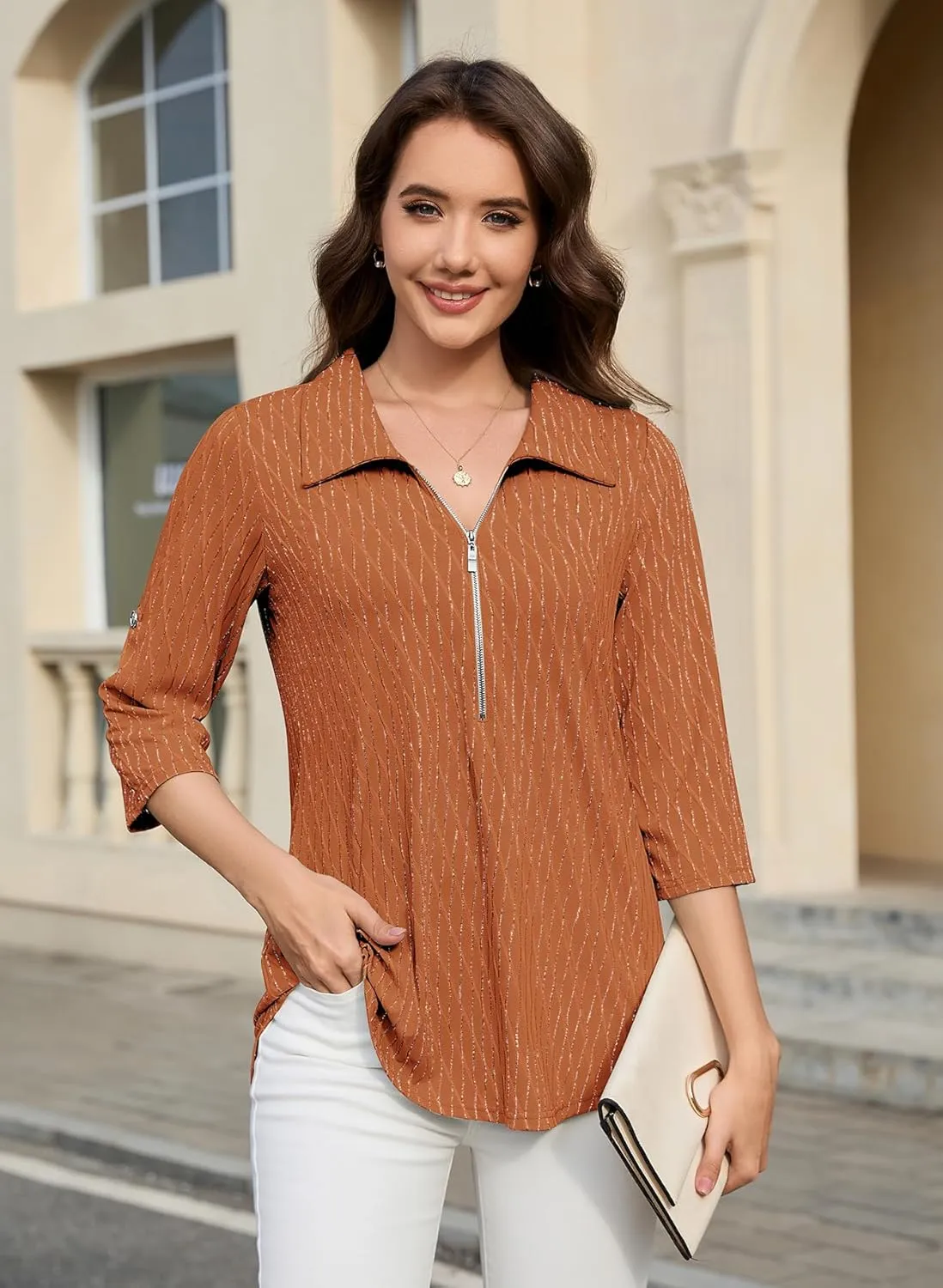 Bulotus Women's 3/4 Sleeve V-Neck Dressy Casual Tunic Shirt