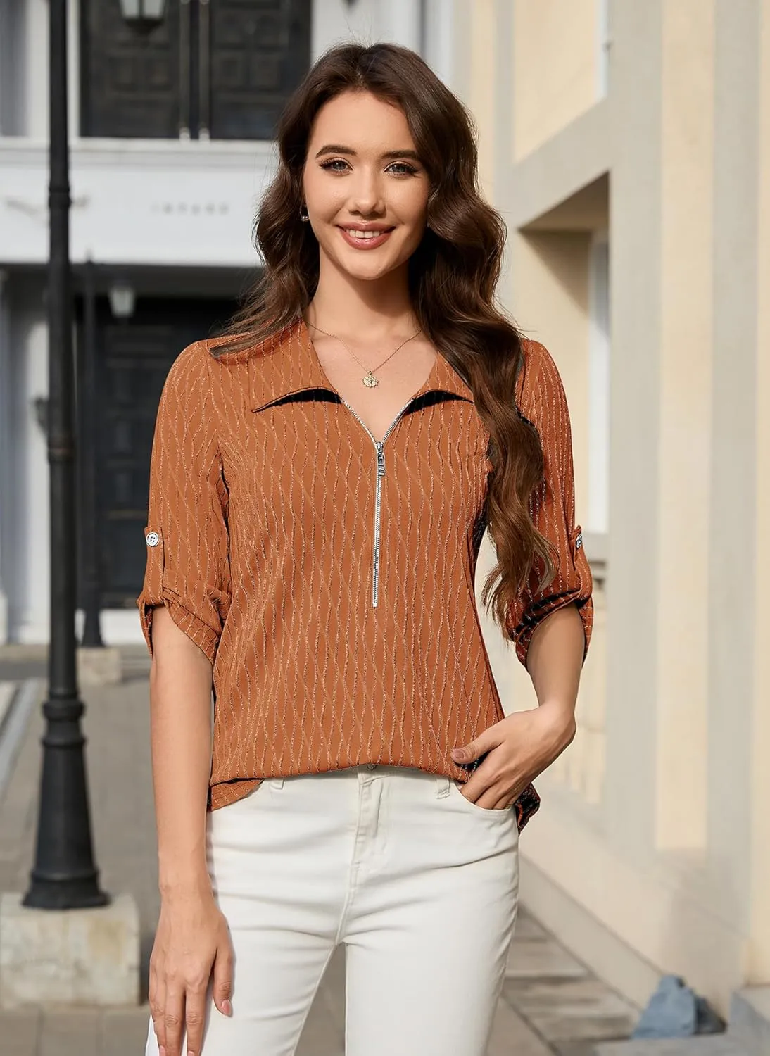 Bulotus Women's 3/4 Sleeve V-Neck Dressy Casual Tunic Shirt