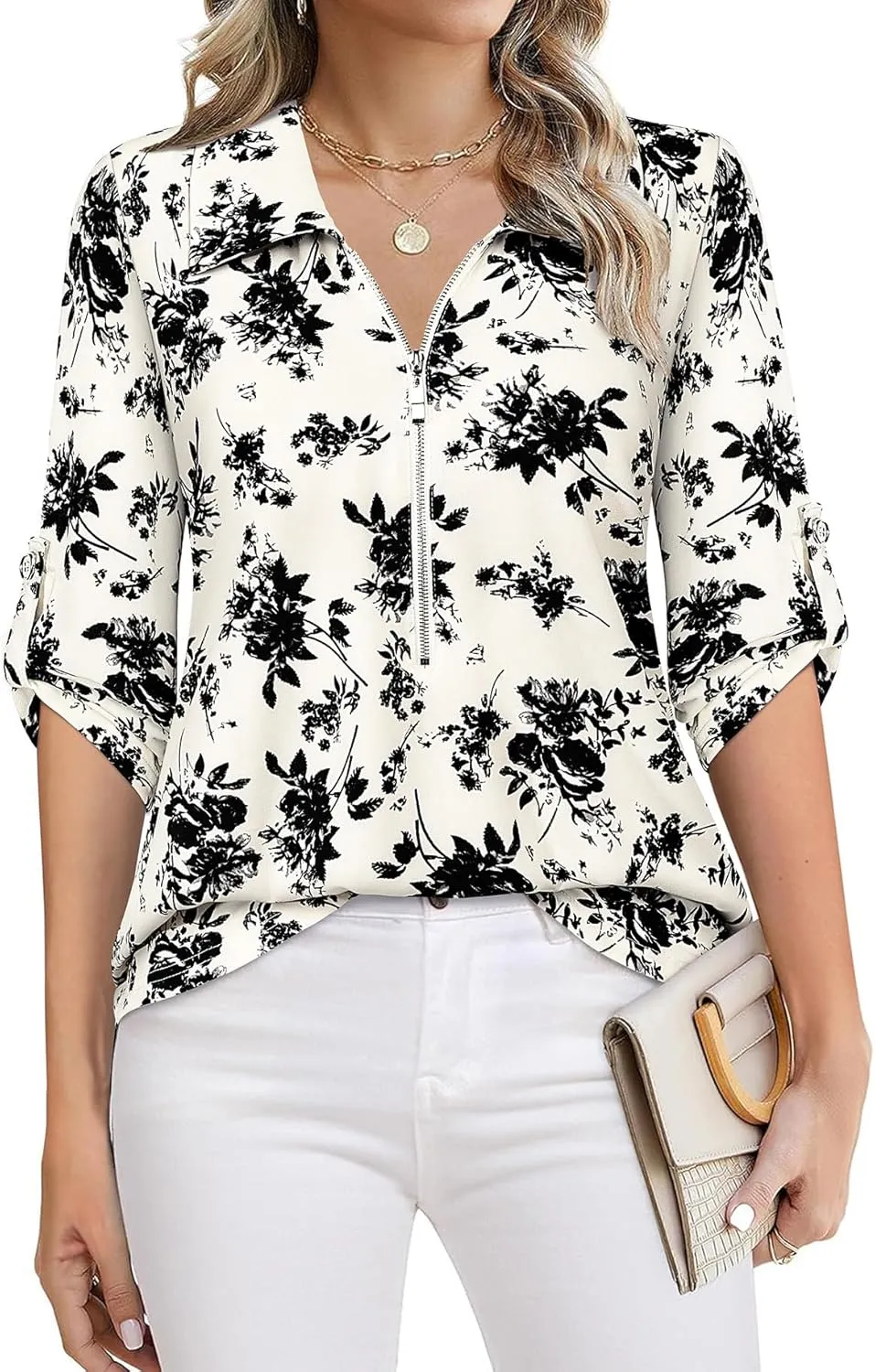 Bulotus Women's 3/4 Sleeve V-Neck Dressy Casual Tunic Shirt