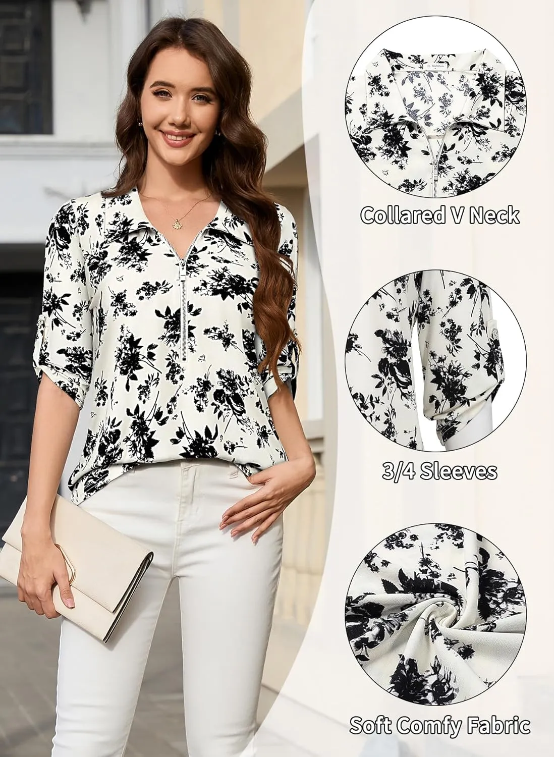 Bulotus Women's 3/4 Sleeve V-Neck Dressy Casual Tunic Shirt