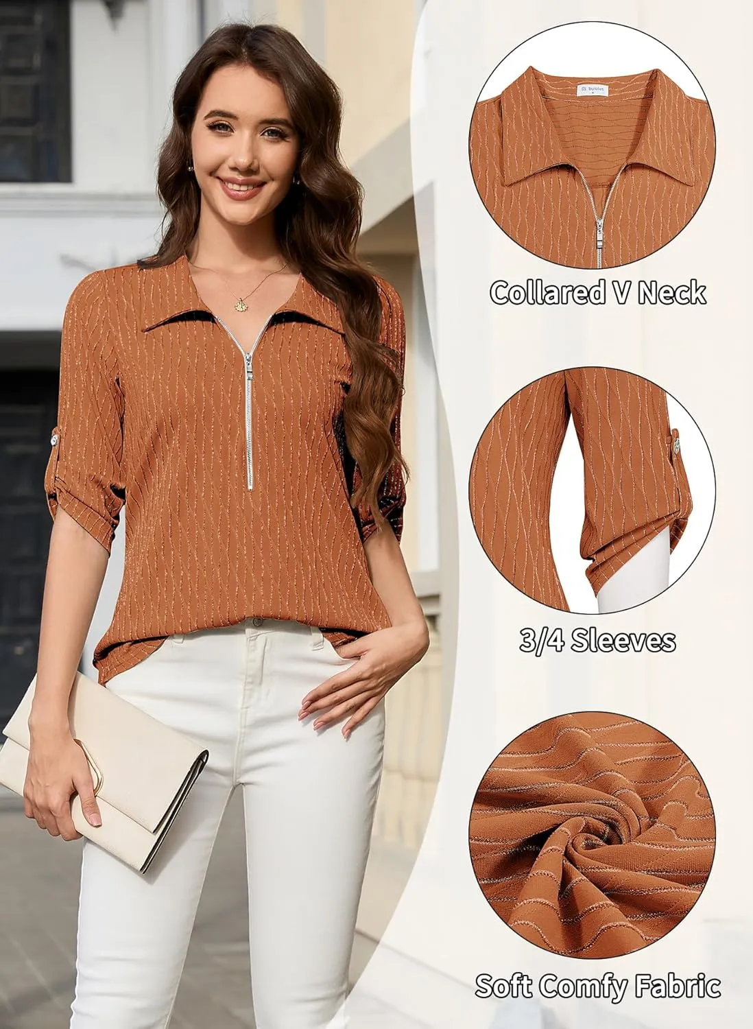 Bulotus Women's 3/4 Sleeve V-Neck Dressy Casual Tunic Shirt