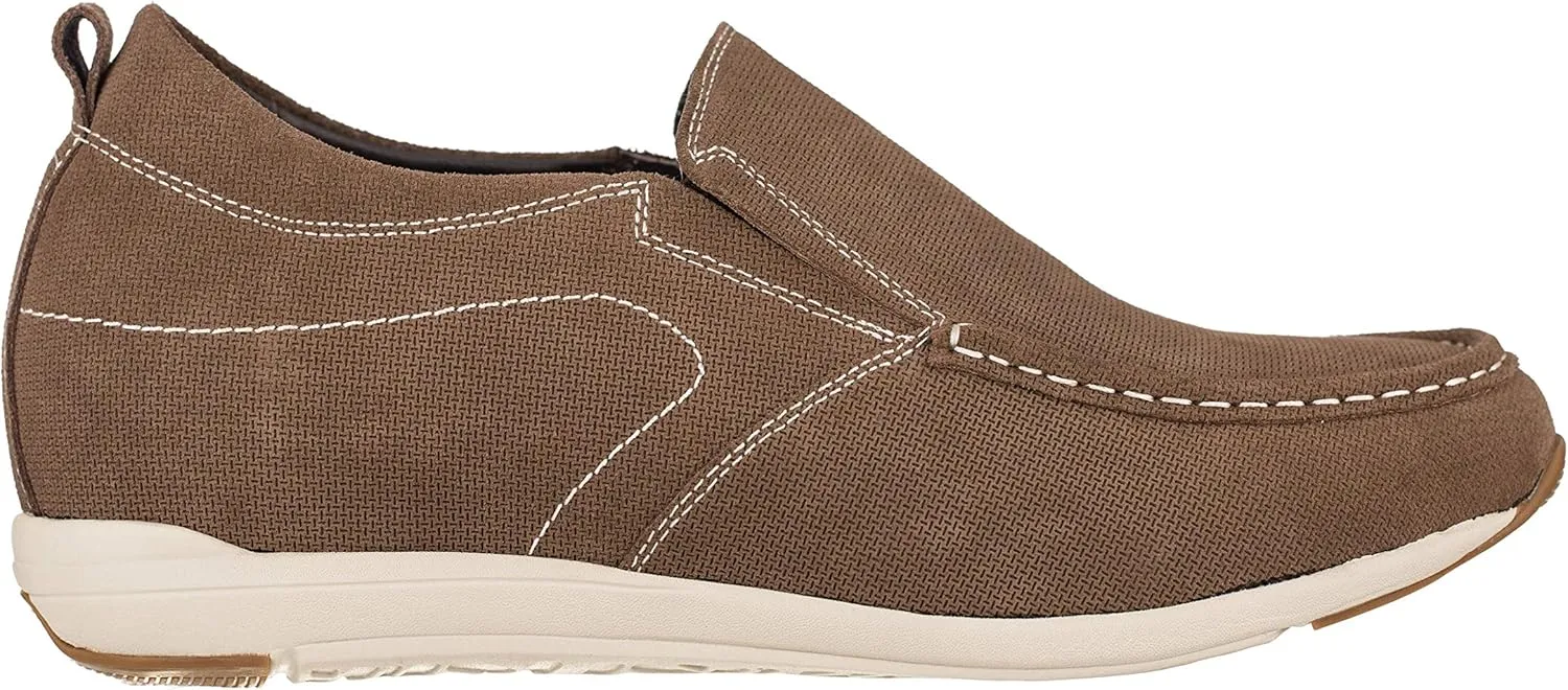 CALTO Men's Invisible Height Increasing Elevator Shoes - Brown Nubuck Leather Slip-on Casual Loafers - 2.8 Inches Taller - G4904 - Size 11.5 D(M) US