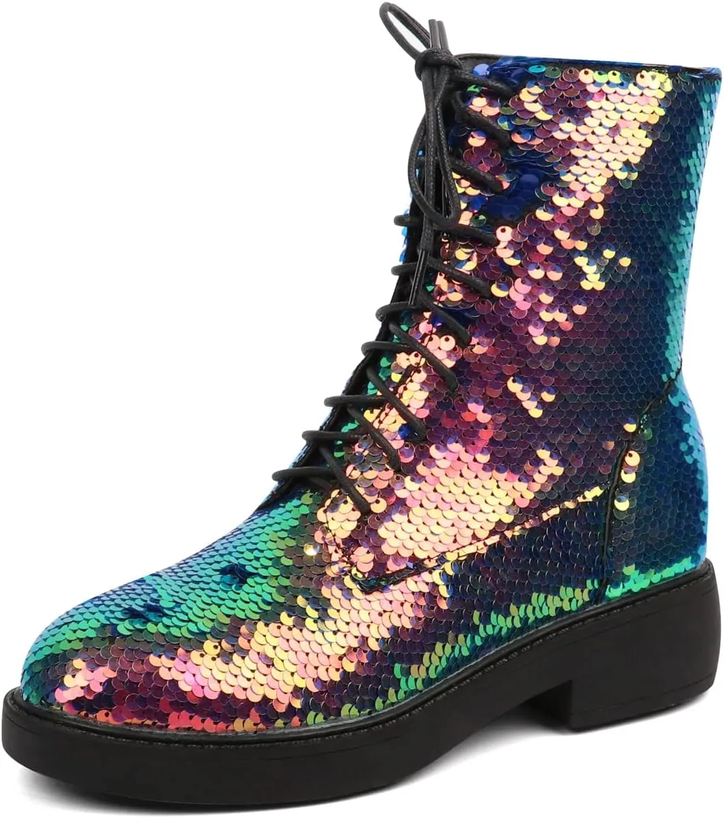 Caradise Womens Lace Up Glitter Combat Boots Chunky Heel Sequin Ankle Booties
