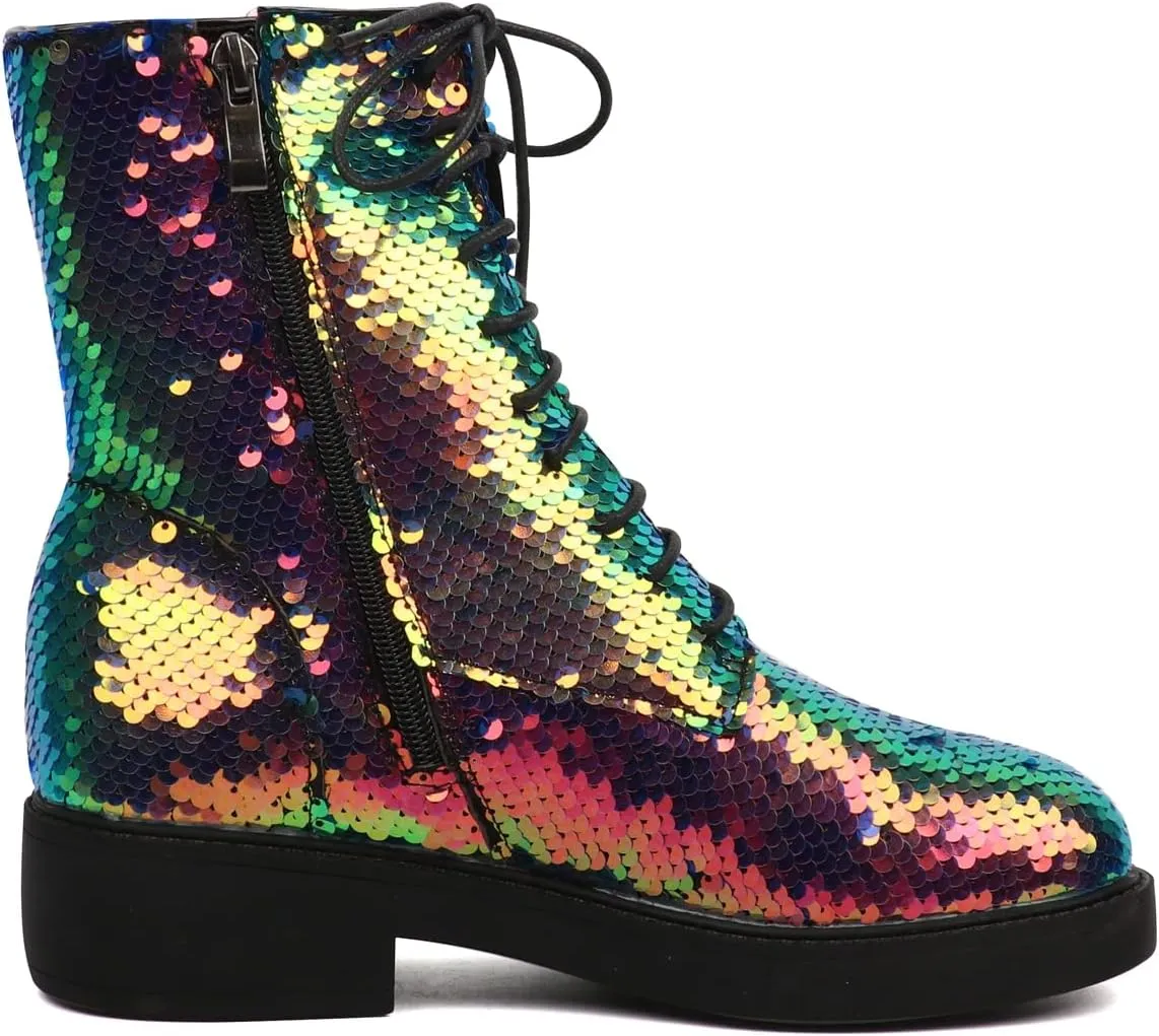 Caradise Womens Lace Up Glitter Combat Boots Chunky Heel Sequin Ankle Booties