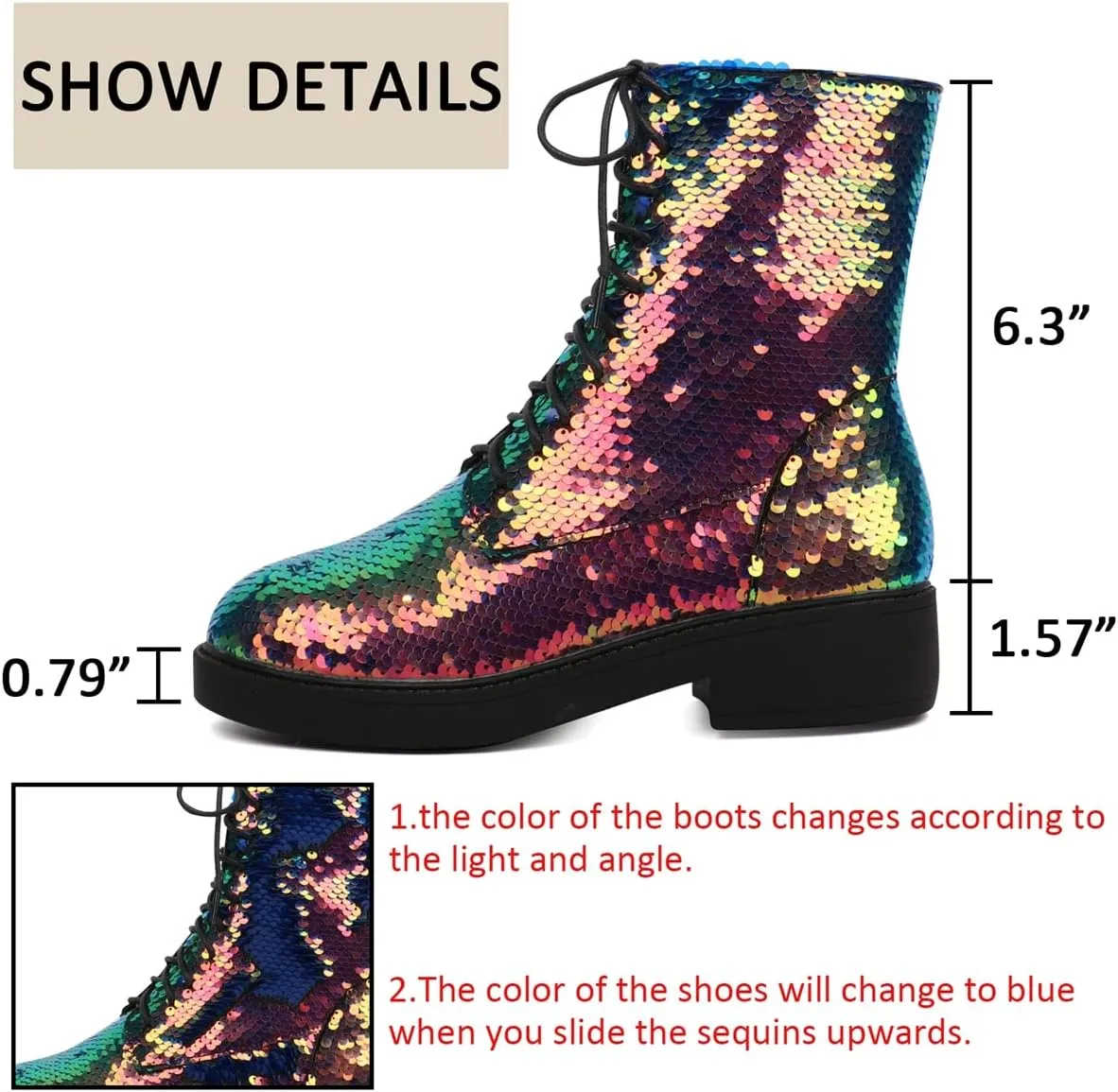 Caradise Womens Lace Up Glitter Combat Boots Chunky Heel Sequin Ankle Booties