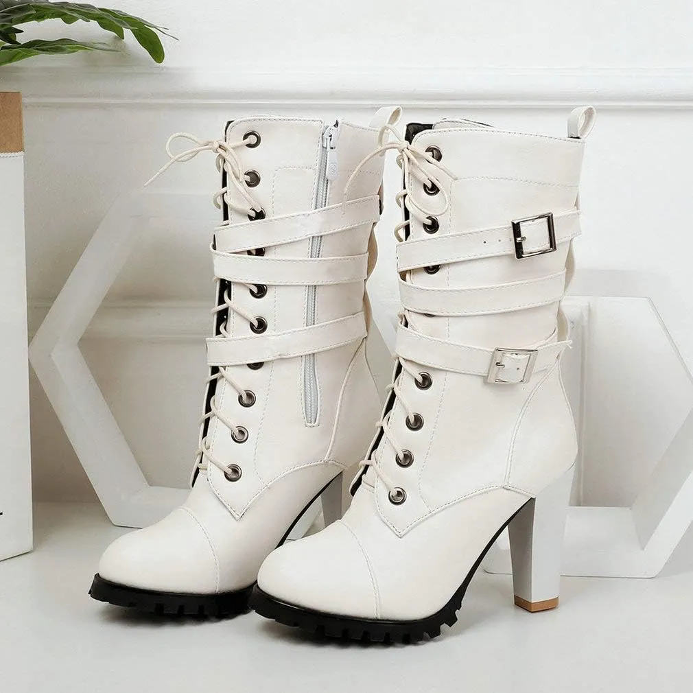 Caradise Womens Lace Up Mid Calf Goth Chunky Heel Combat Boots with Buckles