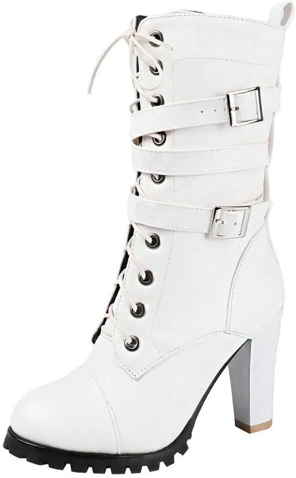 Caradise Womens Lace Up Mid Calf Goth Chunky Heel Combat Boots with Buckles