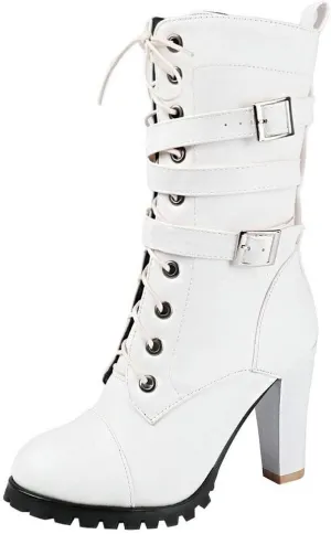 Caradise Womens Lace Up Mid Calf Goth Chunky Heel Combat Boots with Buckles