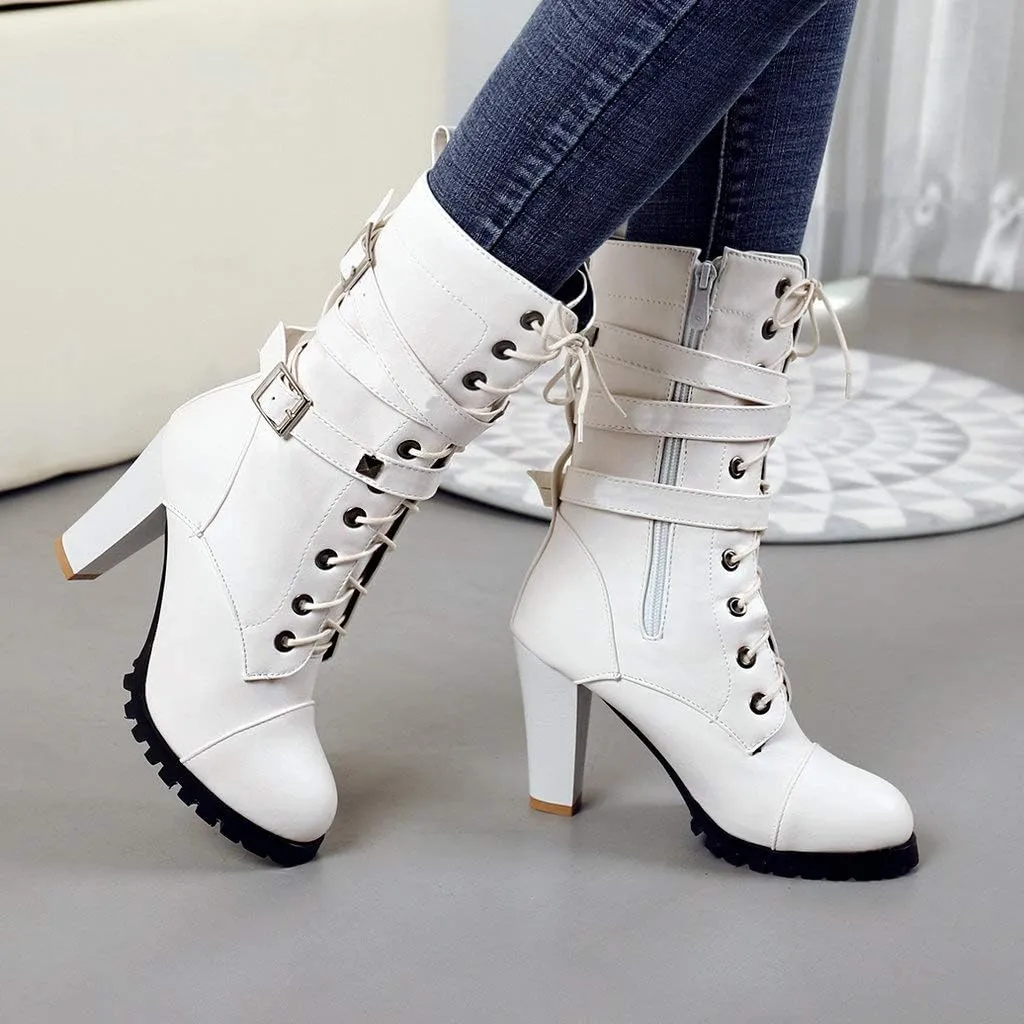 Caradise Womens Lace Up Mid Calf Goth Chunky Heel Combat Boots with Buckles