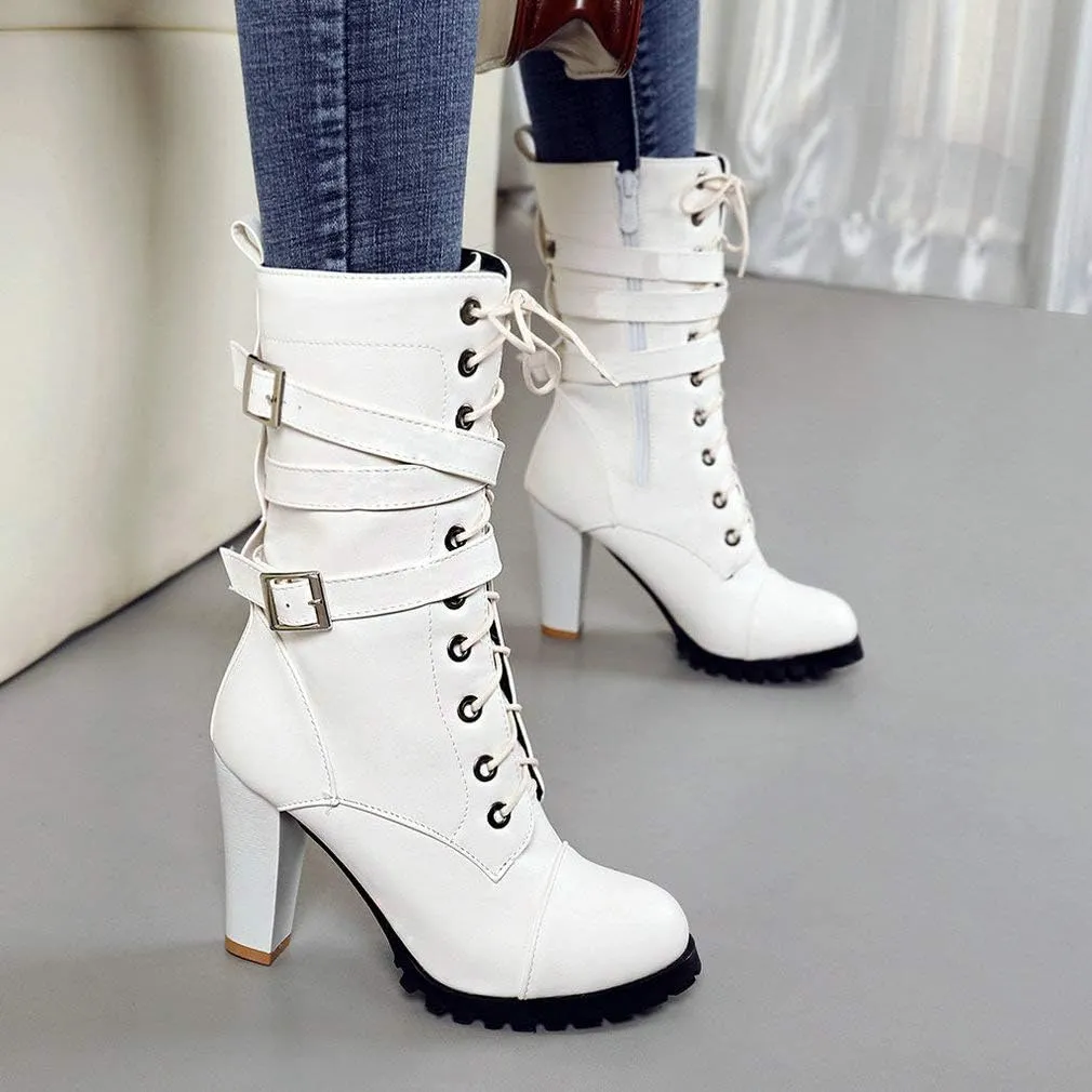 Caradise Womens Lace Up Mid Calf Goth Chunky Heel Combat Boots with Buckles