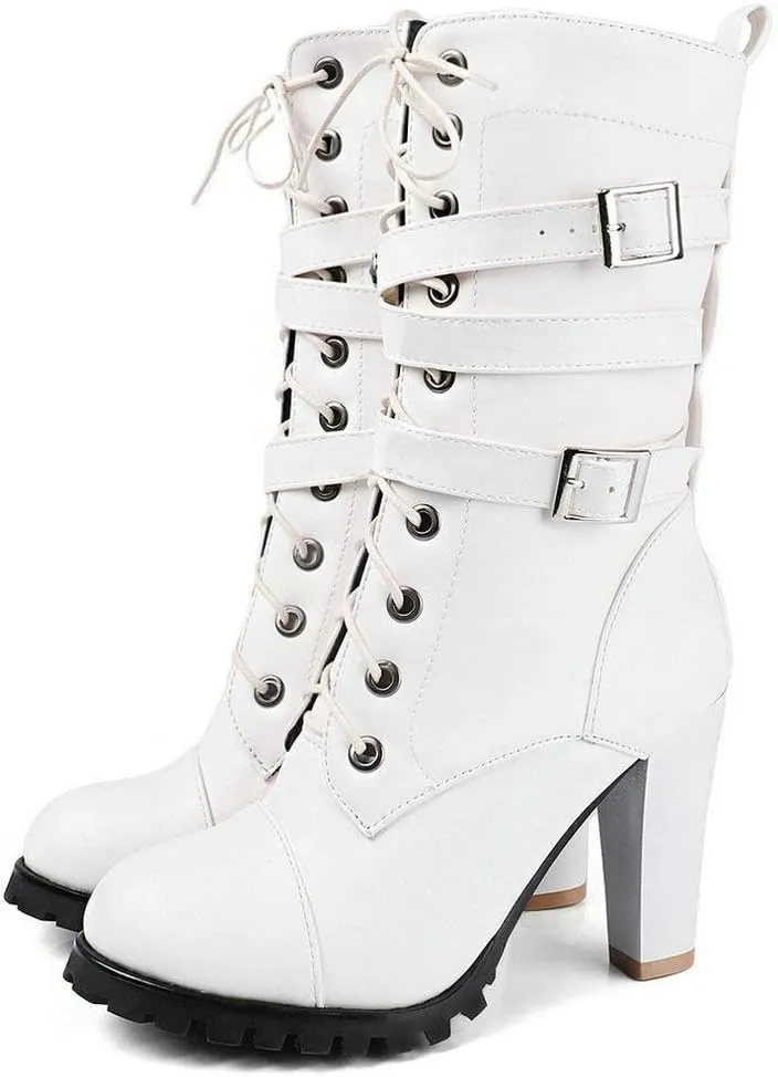 Caradise Womens Lace Up Mid Calf Goth Chunky Heel Combat Boots with Buckles